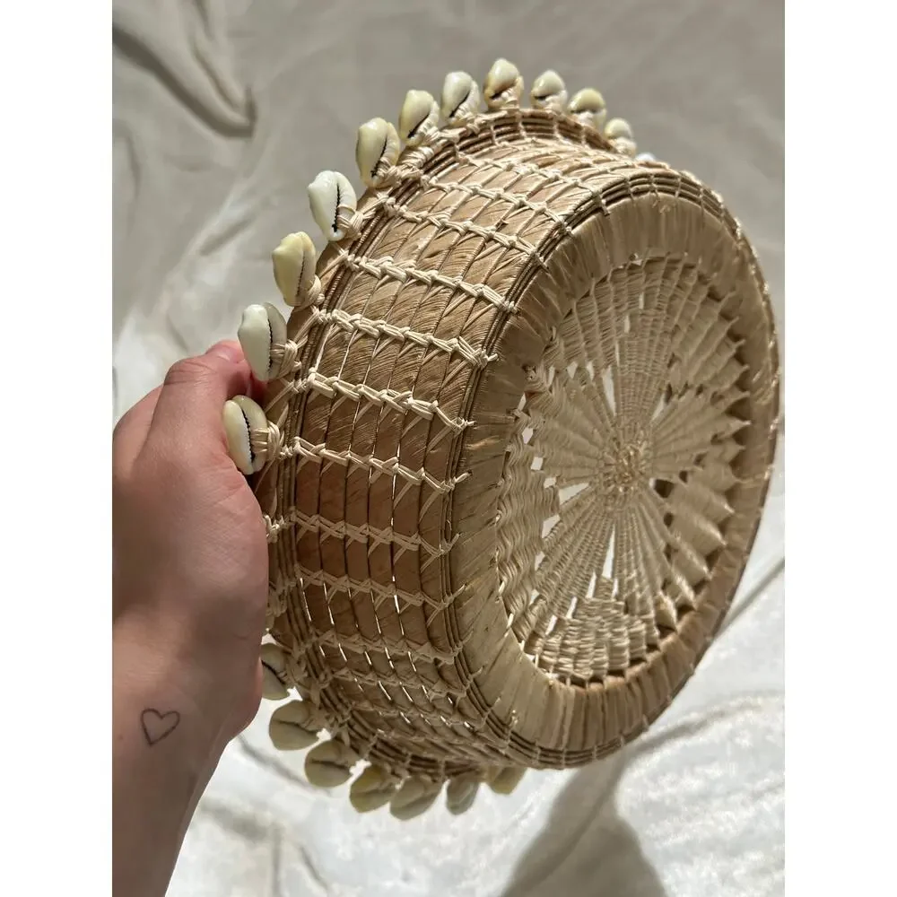 Vintage Hand Woven Seagrass Raffia Bowl Sea Shell Trim & Embroidery Boho Coastal